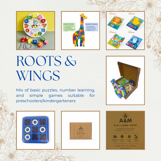 Roots & Wings | Educational Wooden Toy Kit | Ages 3-6 Years | Four Developmental Toys